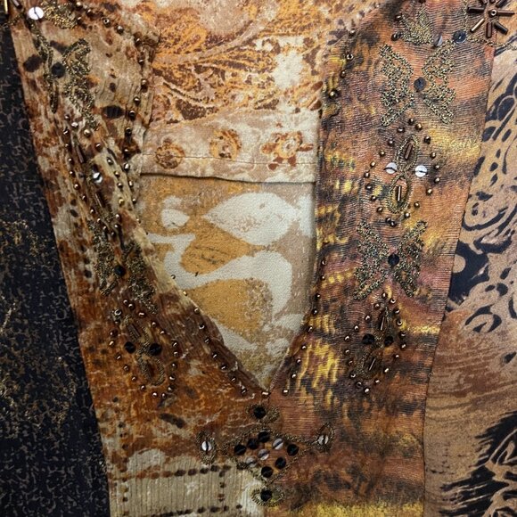 Chicos 1 Women Silk Linen Beaded Mixed Media Aztec V Neck Long Sleeve Top M - Picture 7 of 14